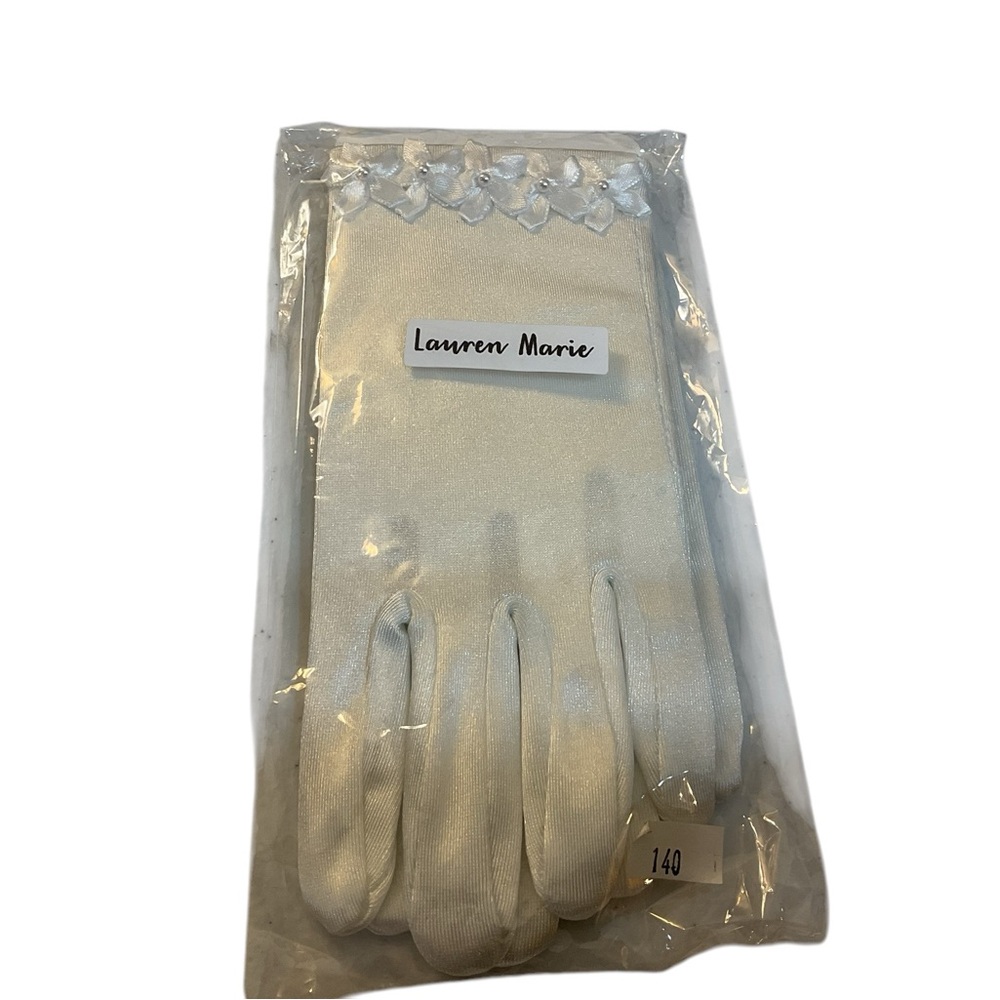 Satin flowered white gloves, new in package.